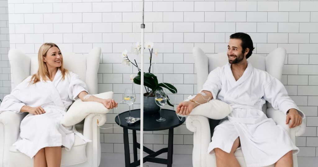 A man and woman enjoying IV therapy at Chic la Vie Medical Spa in Las Vegas, receiving hydration and vitamin infusion for wellness, energy, and recovery.
