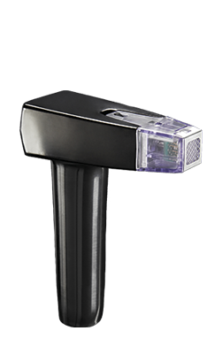 A handheld medical device with a black handle and a transparent rectangular tip, likely used for cosmetic or dermatological procedures such as Morpheus8 face treatments or facial rejuvenation.