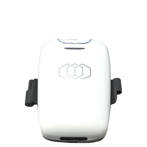 A white wearable medical device with a geometric logo on its front and black straps on each side, shown against a white background.