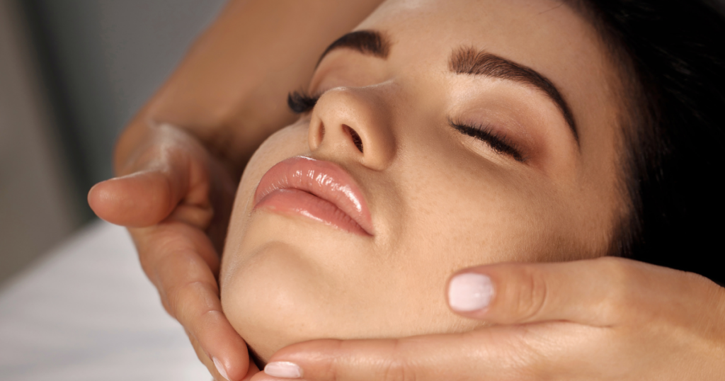 Close-up of one woman receiving hydrating facial treatment at a med spa