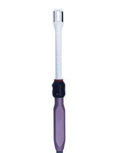 A dental endodontic hand instrument with a purple handle and a white, notched shaft and tip, used for root canal procedures—much like precision tools used in advanced body sculpting or other meticulous body treatments.