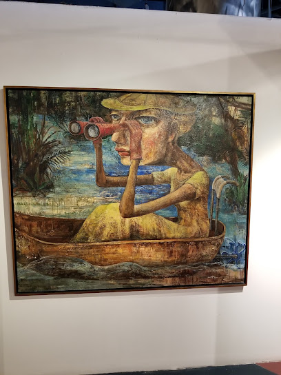 A painting of a person with elongated arms and fingers, wearing yellow and sitting in a boat, looking through binoculars in a lush, swamp-like setting.