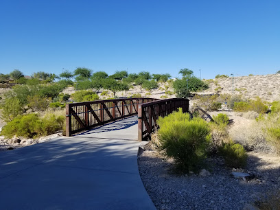 A metal footbridge crosses a dry, rocky landscape with desert plants and shrubs under a clear blue sky.