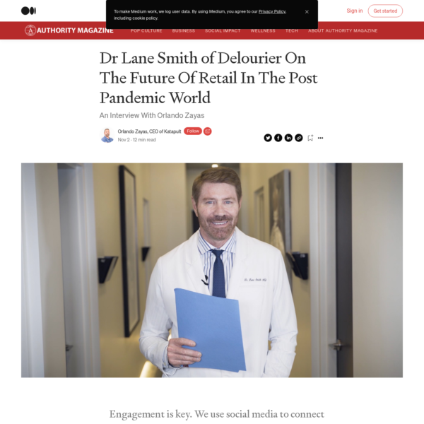 A man in a white lab coat stands in a hallway, holding a blue folder and smiling at the camera; the headline discusses the future of retail after the pandemic.