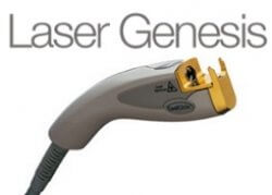 A handheld Laser Genesis device with a gold tip is displayed in front of the words "Laser Genesis" on a clean white background.