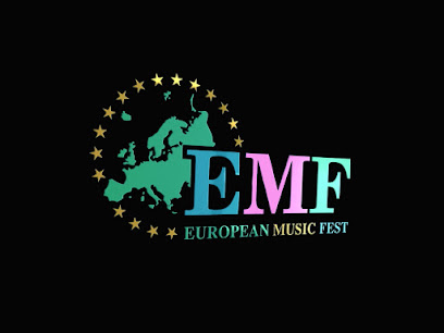 Logo for European Music Fest (EMF) featuring a map of Europe, gold stars in a circle, and the event name in colored letters on a black background.