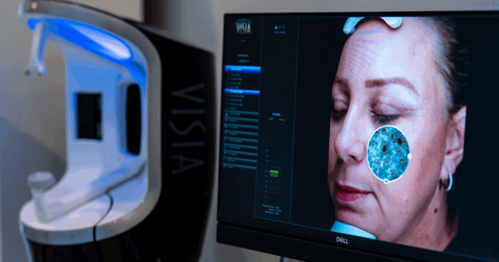 Facial contouring consultation with VISIA skin analysis in Las Vegas showing detailed complexion results on screen