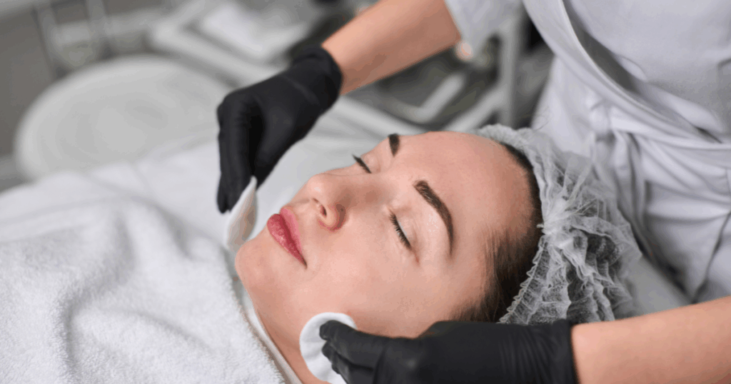 licensed medical spa services in Las Vegas facial treatment with aesthetician performing skin cleansing and consultation prep